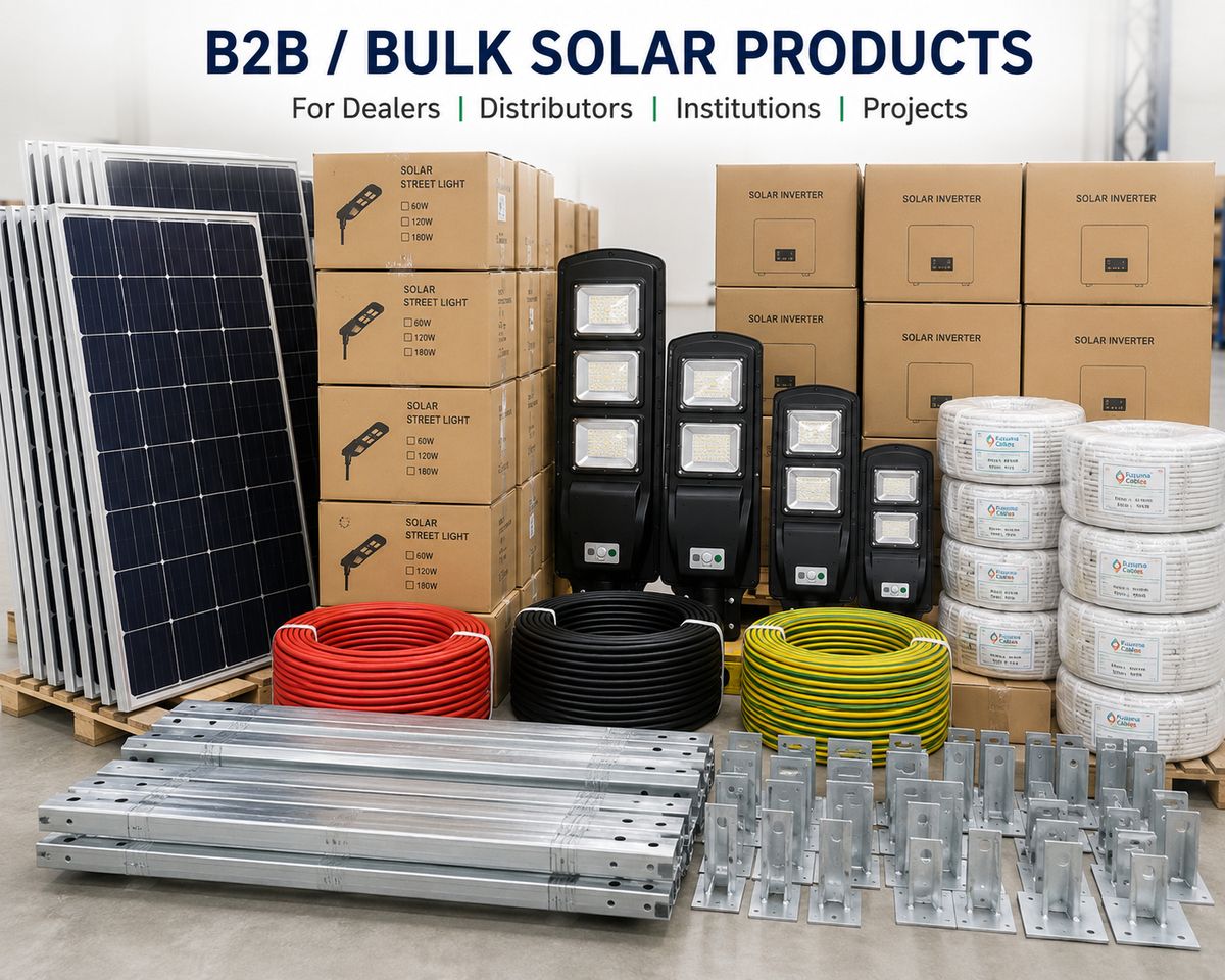 Bulk stock of solar panels, street lights, inverters, cables and mounting structures in a warehouse