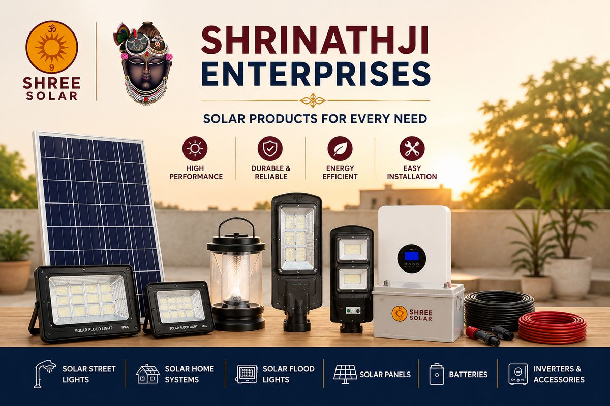 Shrinathji Enterprises solar product range laid out — panel, lights, inverter, battery and cables