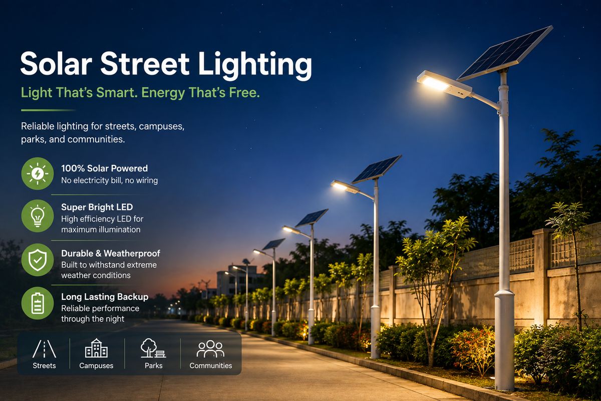 A street lit at dusk by a row of solar street lights