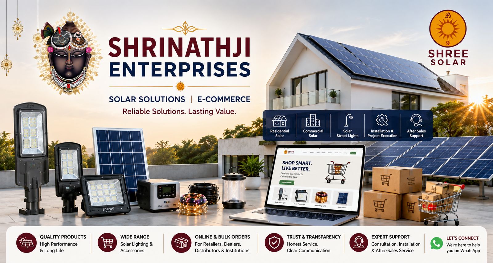 Shrinathji Enterprises product range — solar street lights, solar panel, inverter, cables and lanterns