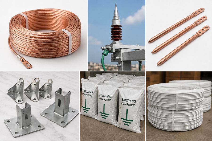 Copper earthing strips, rods, lightning arrester and earthing compound