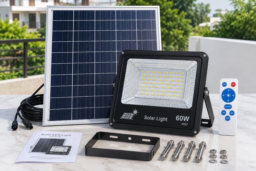 60W solar light kit with separate panel, remote and fixing hardware
