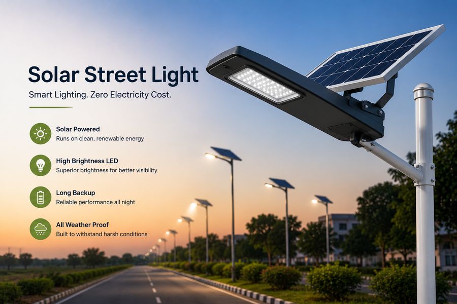 All-in-one solar street light mounted on a pole beside a road