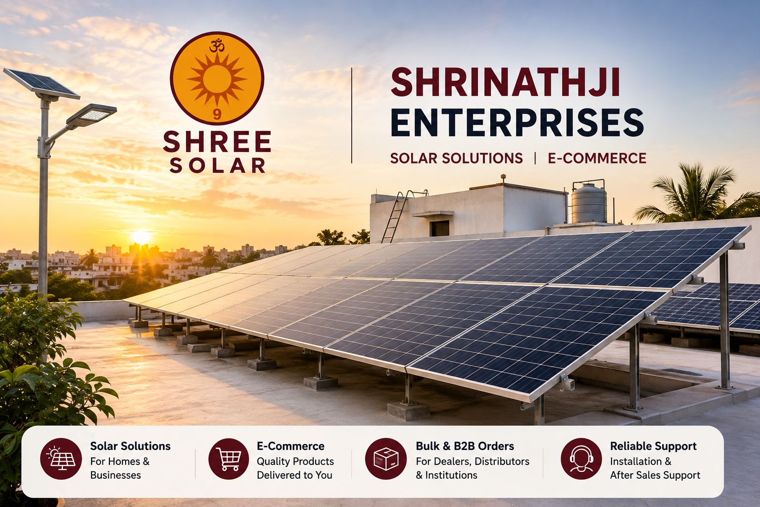 Shrinathji Enterprises — rooftop solar array and solar street lighting at sunrise