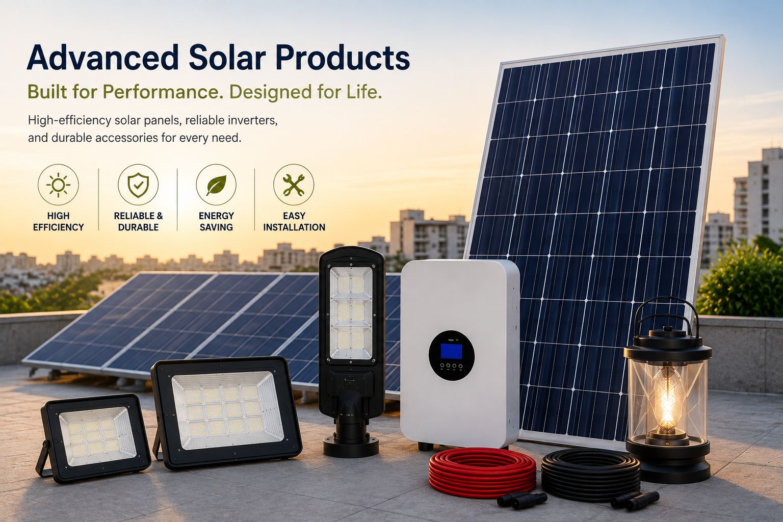 Advanced solar products — panels, inverter, flood lights, street light, cables and lantern