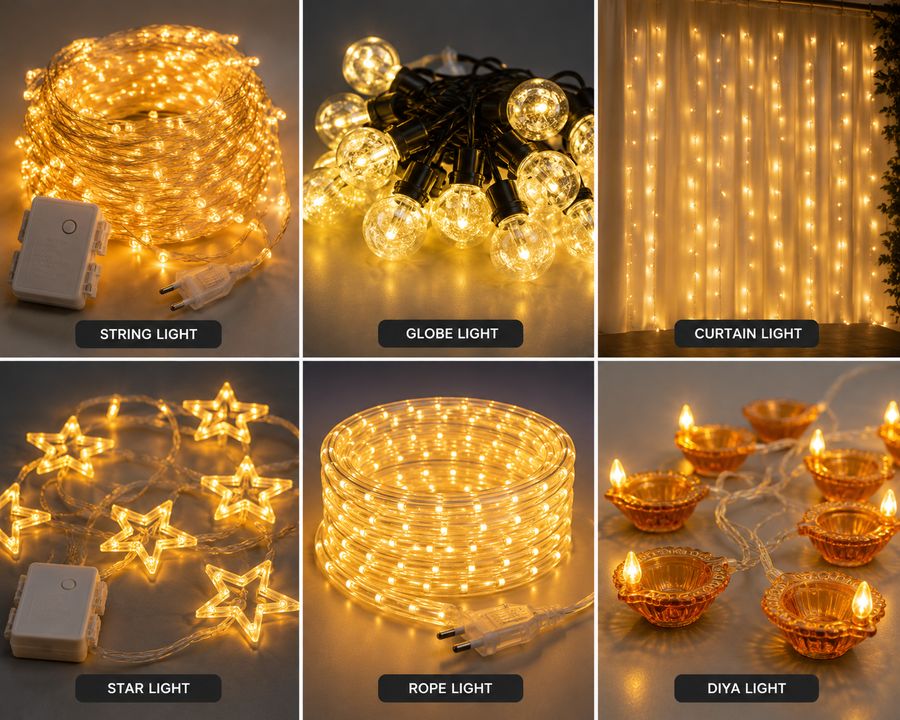 Decorative string, globe, curtain, star, rope and diya lights