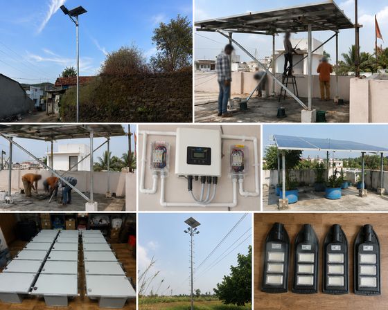 Solar installation work — street lights, rooftop structures, inverter panel and stock