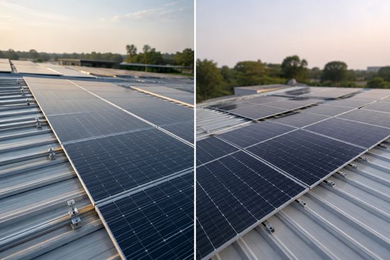 Solar modules laid across a long commercial roof