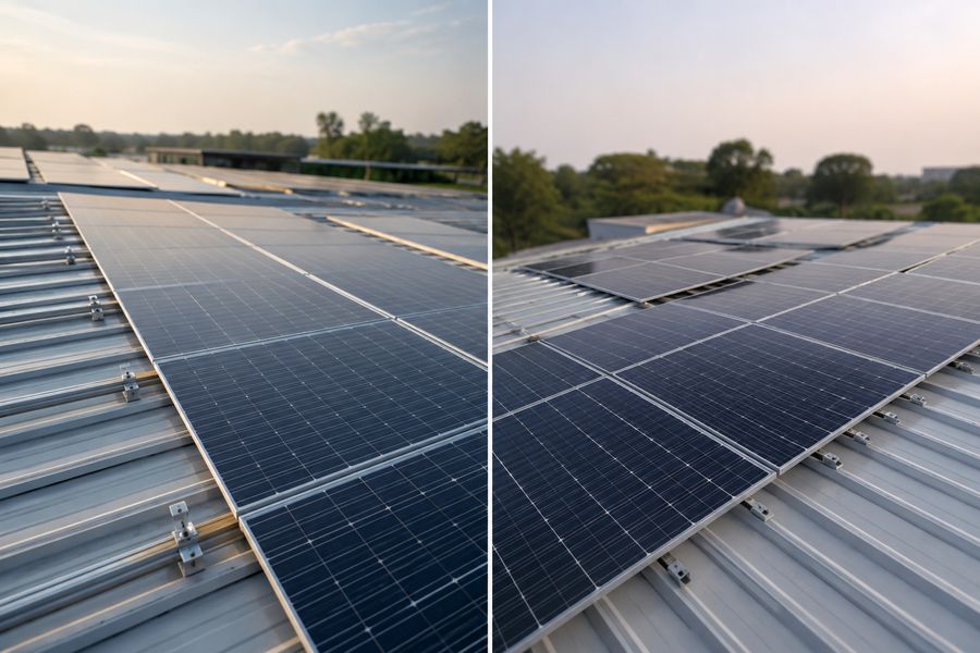 Solar modules mounted across a commercial metal-sheet roof