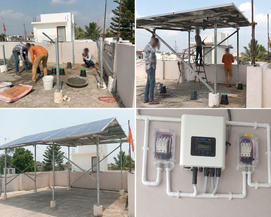 Installation team erecting mounting structures and wiring a rooftop solar system